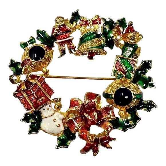 Christopher Radko Christmas Brooch Wreath Santa Snowman Holly Enamel Pin VTG - Picture 1 of 10